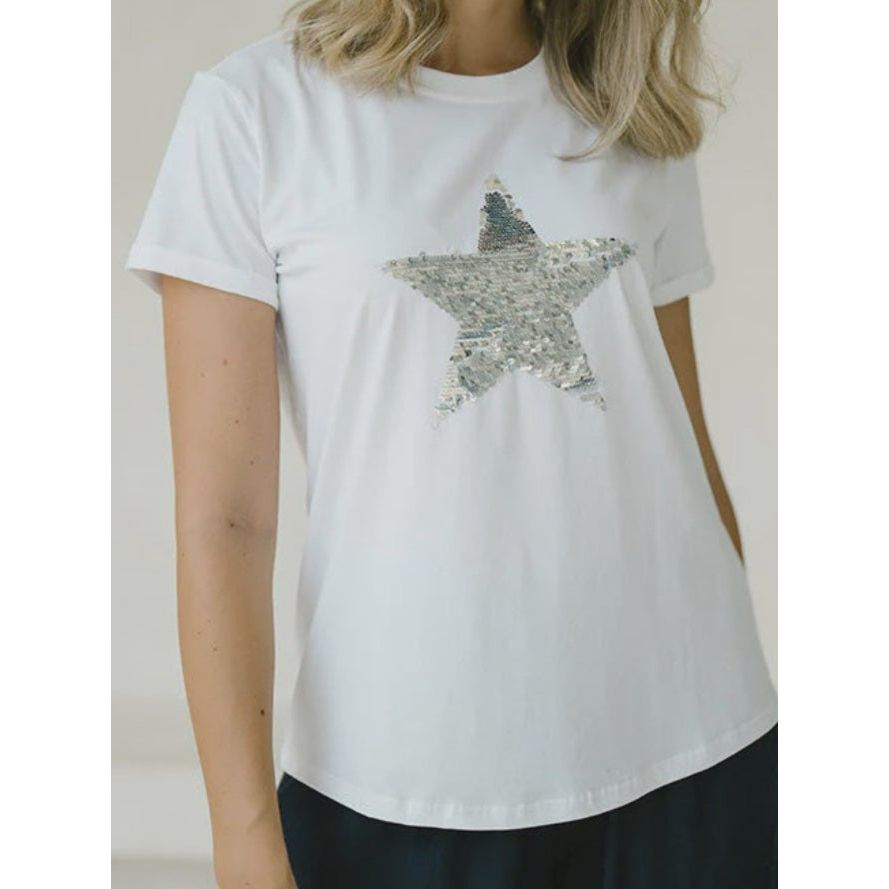 Star Sequin Tee - White/Silver